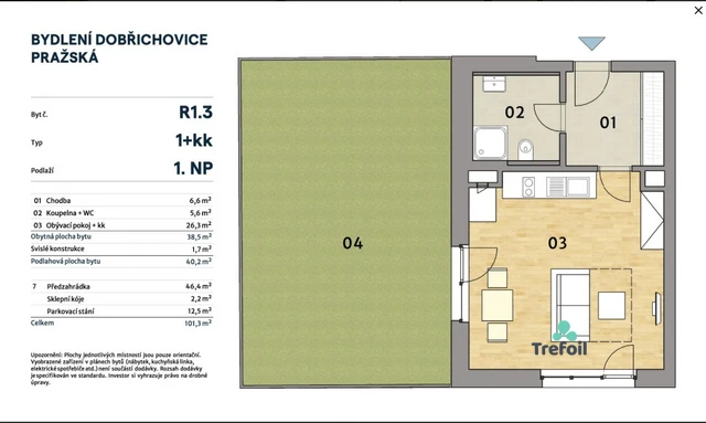 Pronájem 1+kk 40 m² + zahrada 46 m² + parkování + sklep – fotografie 2
