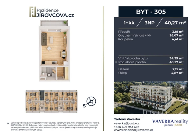 Prodej 1+kk 40 m² + balkón 7 m²