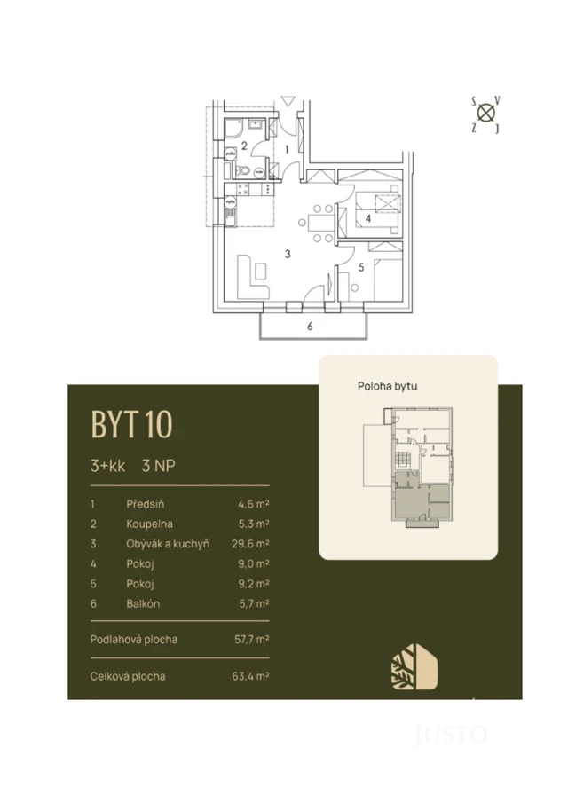 Prodej 3+kk 57,7 m² + balkón 5 m² + parkování