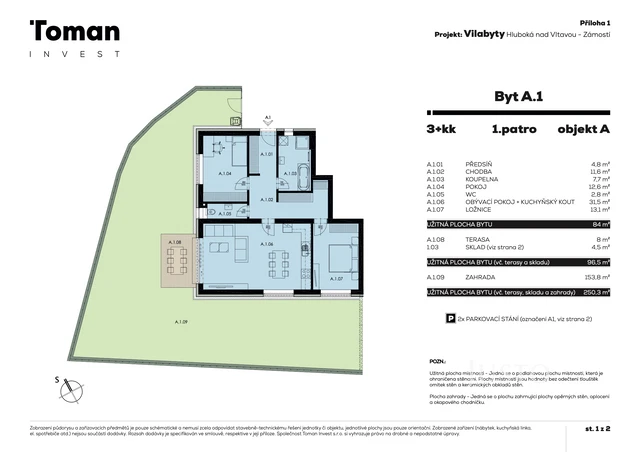 Prodej 3+kk 84 m² + zahrada 154 m² + terasa 8 m² + parkování