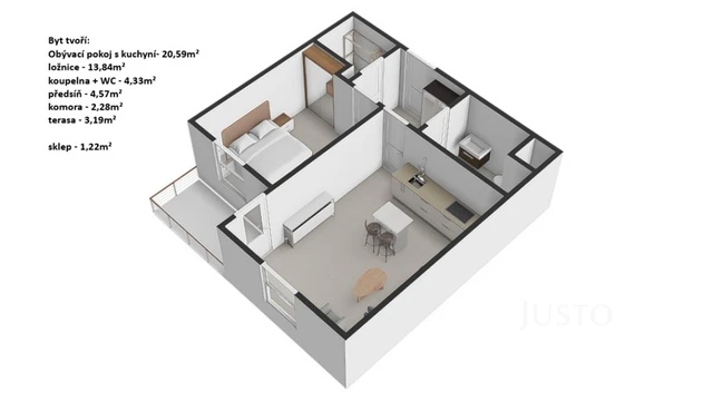 Prodej 2+kk 45 m² + terasa 3 m² + parkování