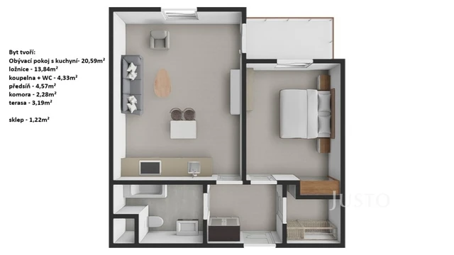 Prodej 2+kk 45 m² + terasa 3 m² + parkování