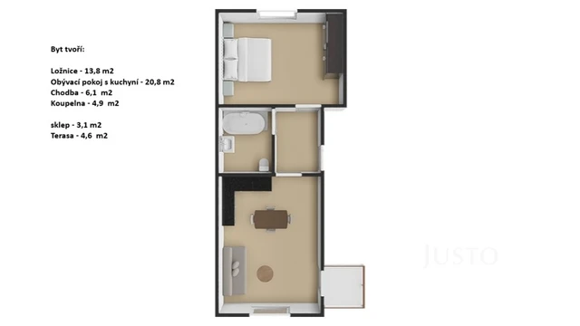 Pronájem 2+kk 45 m² + terasa 4 m² + parkování