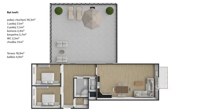 Pronájem 3+kk 80 m² + terasa 79 m² + balkón 4 m² + parkování