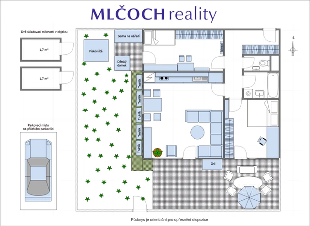 Prodej bytu 3+kk 73,5 m² + zahrada 73 m² (z toho terasy 4,5 m² a 34 m²) + parkování + sklepy 2 x 1,7 m²