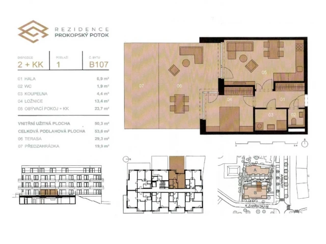 Prodej 2+kk 53 m² + zahrádka 19 m² + terasa 29 m² + parkování