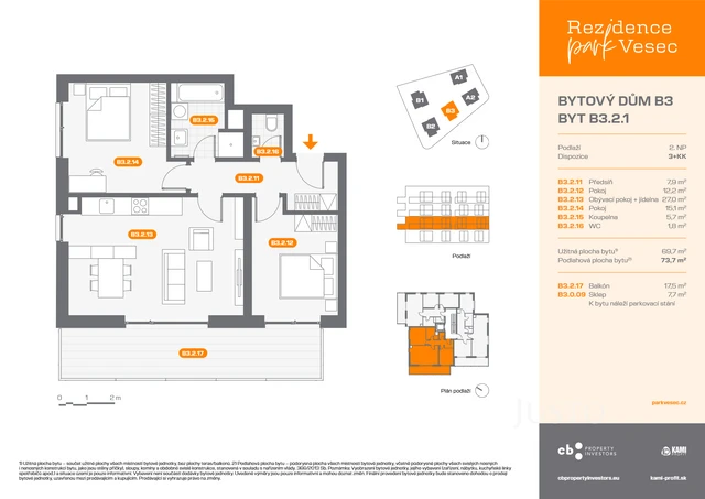 Prodej 3+kk 73,7 m² + balkón 17,5 m² + parkování