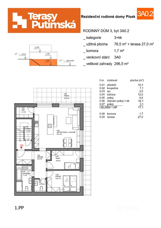 Prodej 4+kk 76 m² + zahrada 296 m² + terasa 27 m² + parkování