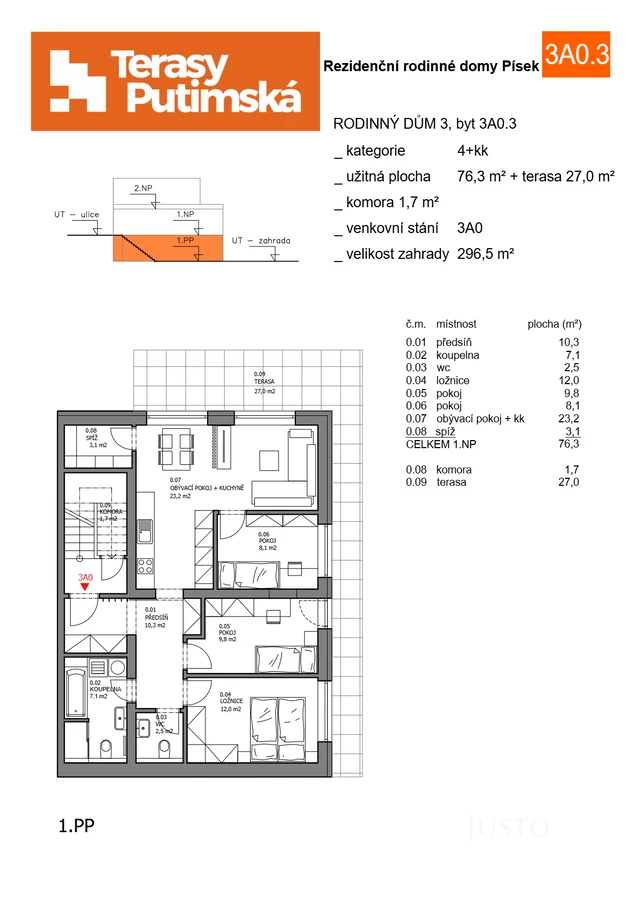 Prodej 4+kk 76 m² + zahrada 296 m² + terasa 27 m² + parkování