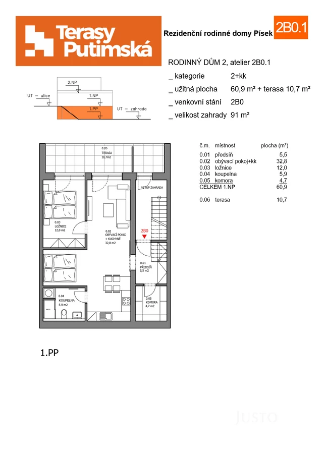 Prodej 2+kk 60 m² + zahrádka 91 m² + terasa 10 m² + parkování