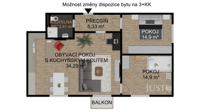 Prodej 2+kk 72 m² + balkón 3 m² + parkování